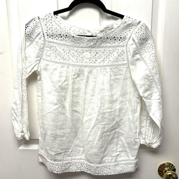 J.Crew White Linen Blouse, Eyelet Shirt, Boho Top, Size 0 - Picture 2 of 10